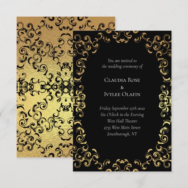 Gold & Black Swirl Gothic Wedding Invitation (Front/Back)