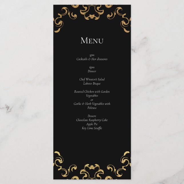 Gold & Black Swirl Gothic Wedding Menu (Front)