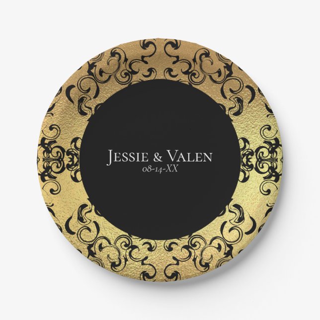 Gold & Black Swirl Gothic Wedding Paper Plates (Front)
