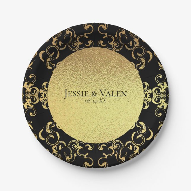 Gold & Black Swirl Gothic Wedding Paper Plates (Front)