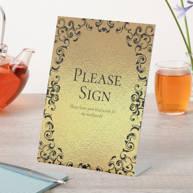 Gold & Black Swirl Gothic Wedding Pedestal Sign (In SItu)