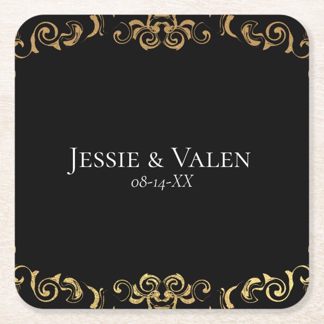 Gold & Black Swirl Gothic Wedding Square Paper Coaster (Front)