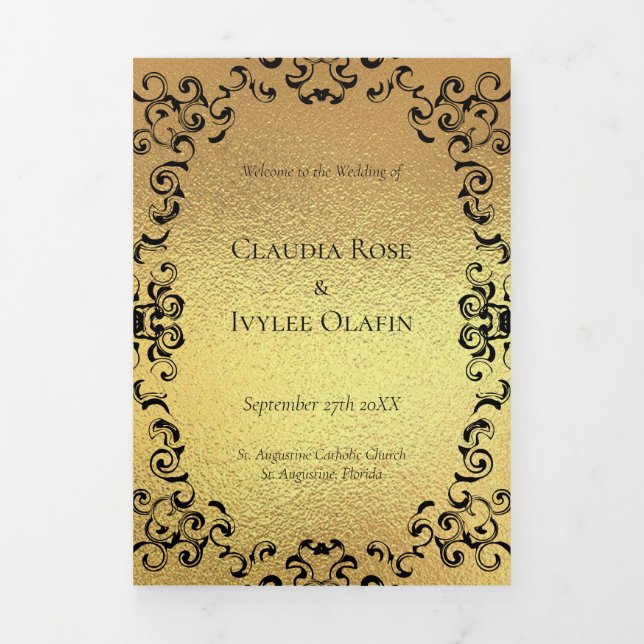 Gold & Black Swirl Gothic Wedding Tri-Fold Program (Cover)