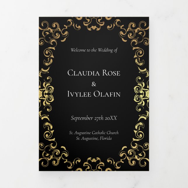 Gold & Black Swirl Gothic Wedding Tri-Fold Program (Cover)