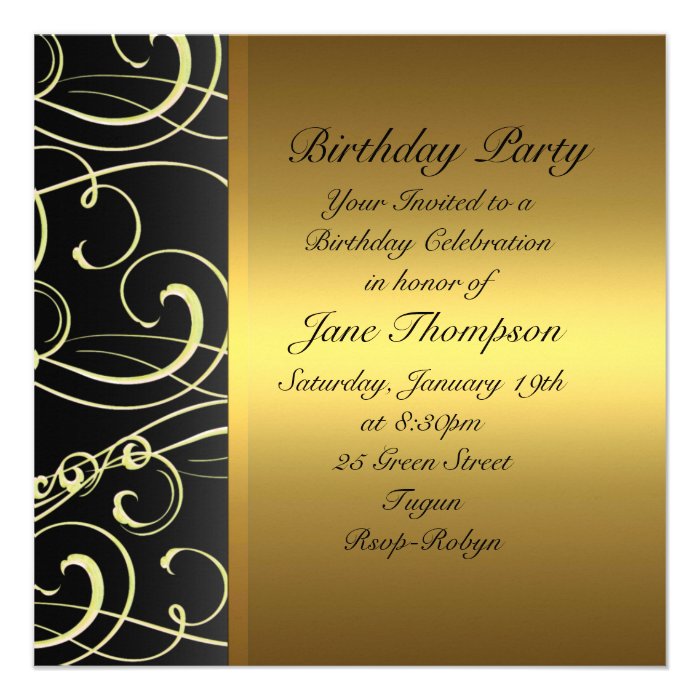 Gold/Black Swirl Side Border Birthday Invite