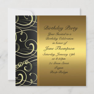 Gold/Black Swirl Side Border Birthday Invite