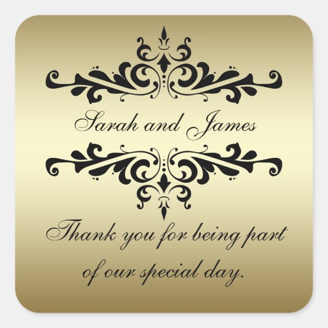 Gold Black Swirls Thank You Wedding Favor Square Sticker (Front)