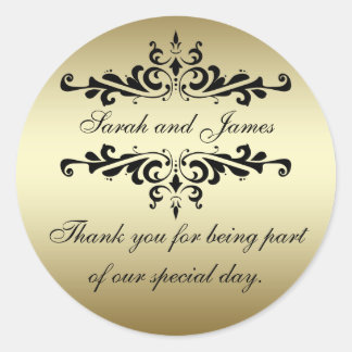 Gold Black Swirls Thank You Wedding Favor Stickers