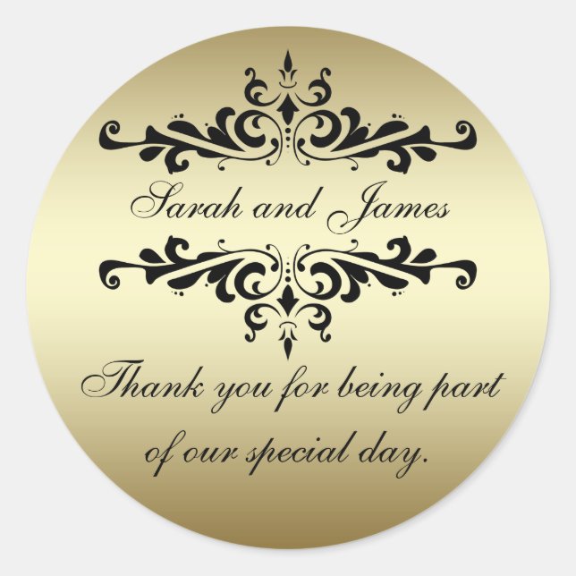 Gold Black Swirls Thank You Wedding Favor Stickers (Front)
