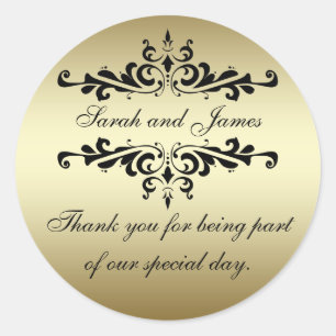 Gold Black Swirls Thank You Wedding Favor Stickers