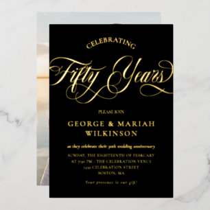 Gold Black Swirly Script 50th Wedding Anniversary Foil Invitation