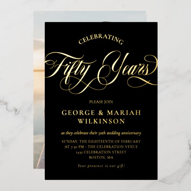 Gold Black Swirly Script 50th Wedding Anniversary Foil Invitation (Front/Back)