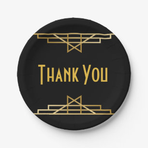 Gold & Black Thank You Art Deco, Gatsby Wedding Paper Plates