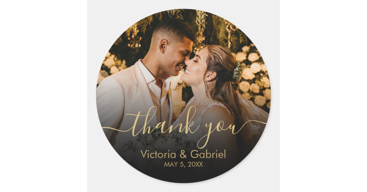 Gold Black Thank You Script Wedding Photo Classic Round Sticker | Zazzle