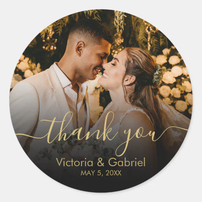 Gold Black Thank You Script Wedding Photo Classic Round Sticker | Zazzle