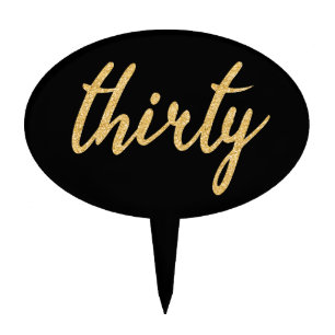 Gold Black "Thirty" 30 Birthday Party Glitter Cake Topper