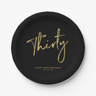 Gold & Black Thirty Lettering 30th birthday Paper Plates