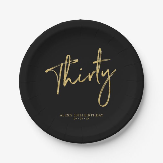 Gold & Black Thirty Lettering 30th birthday Paper Plates (Front)