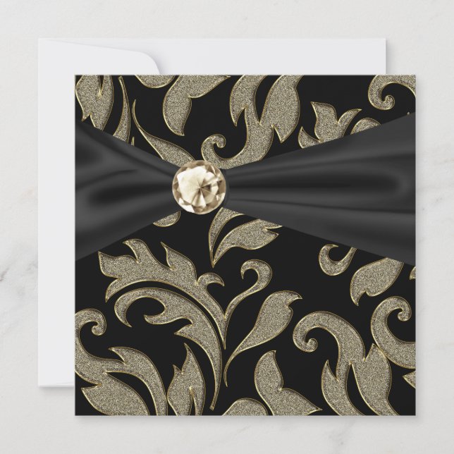 Gold Black Tie Black Damask Party Invitation (Front)