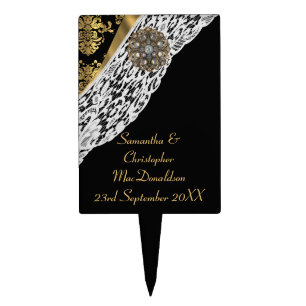 Gold black traditional damask white lace wedding cake topper