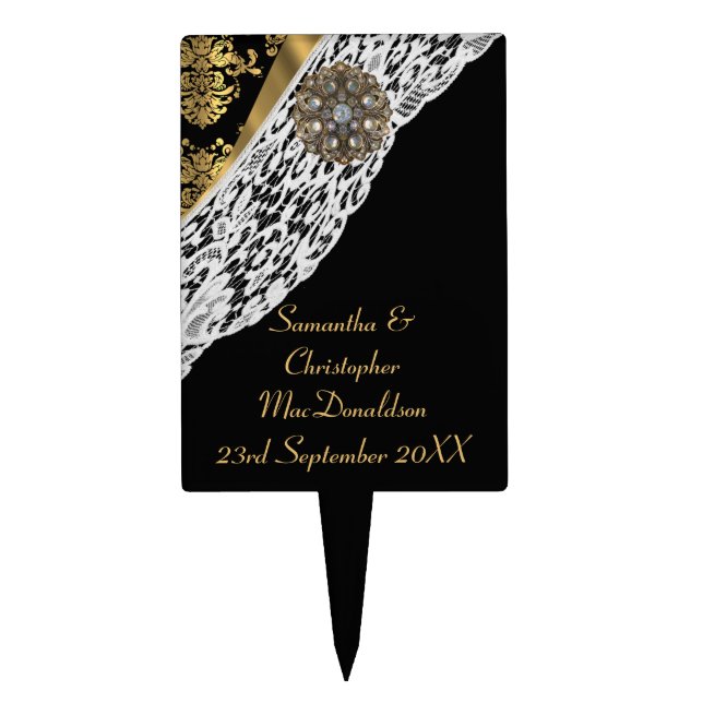 Gold black traditional damask white lace wedding cake topper (Front)