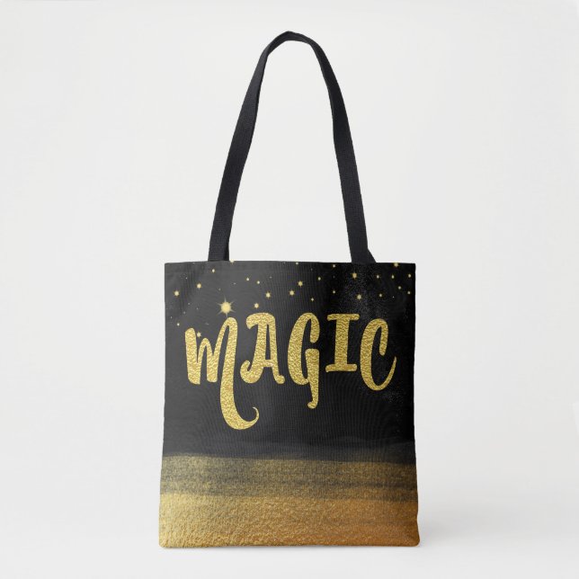 *~* Gold & Black Trendy Magical Good Vibes Tote Bag (Front)