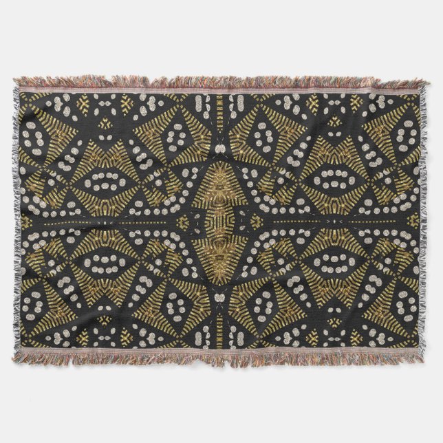 Gold Black Tribal Geometric Woven Throw Blanket (Front)