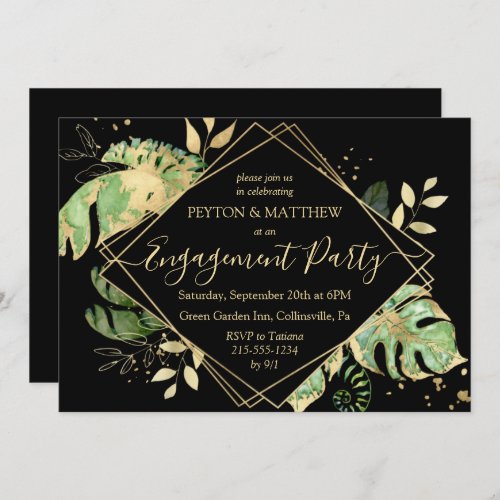 Gold  Black Tropical Foliage Engagement Party  In Invitation