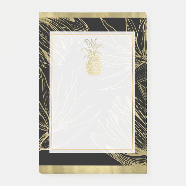 Gold & Black Tropical Pineapple Botanical Floral Post-it Notes (Front)