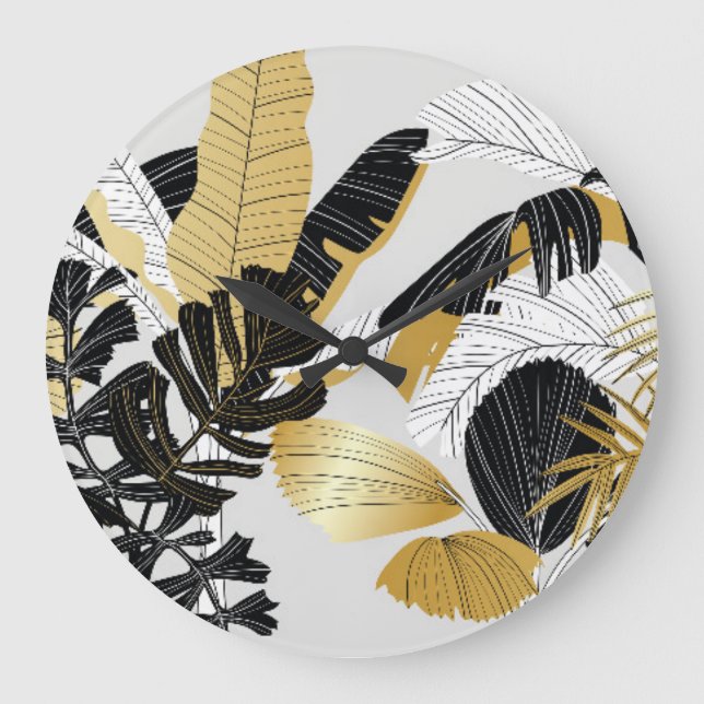 Gold, black tropical plants: luxury. large clock (Front)