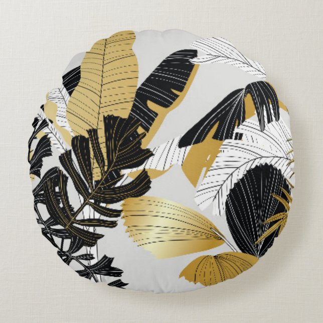 Gold, black tropical plants: luxury. round pillow (Front)