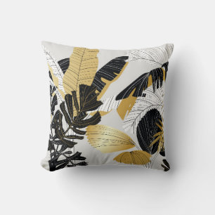 Gold, black tropical plants: luxury. throw pillow