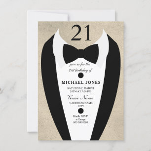 Gold Black Tuxedo Mens 21st Birthday Party Invite