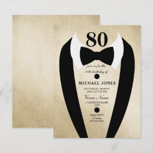 Gold Black Tuxedo Mens 80th Birthday Party Invite