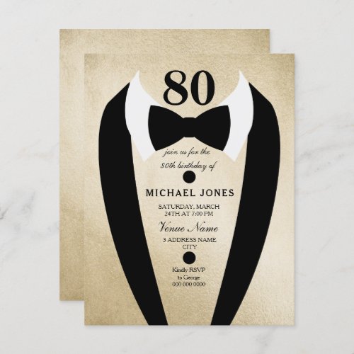 Gold Black Tuxedo Mens 80th Birthday Party Invite