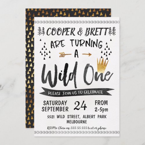 Gold Black Twins Wild One Birthday Invitation