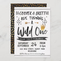 Gold Black Twins Wild One Birthday Invitation