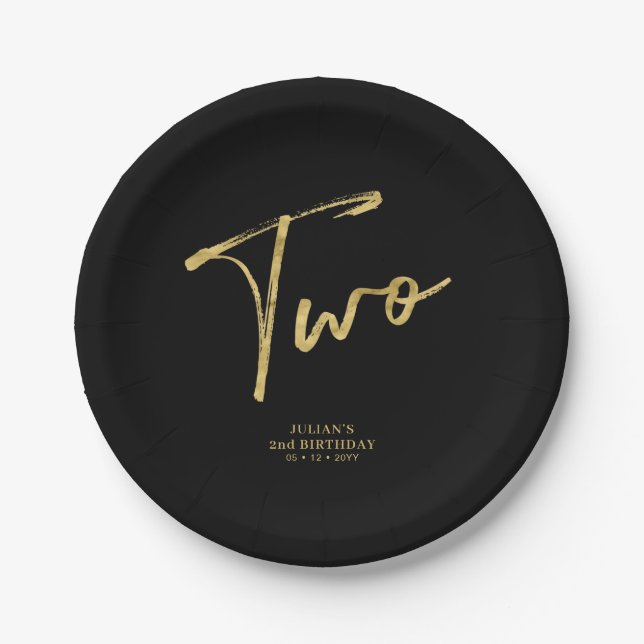 Gold & Black Two Brush Lettering Kids 2nd birthday Paper Plates (Front)