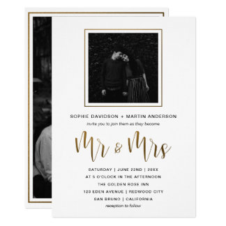 Gold & Black Typography Wedding Mr & Mrs Photo Card
