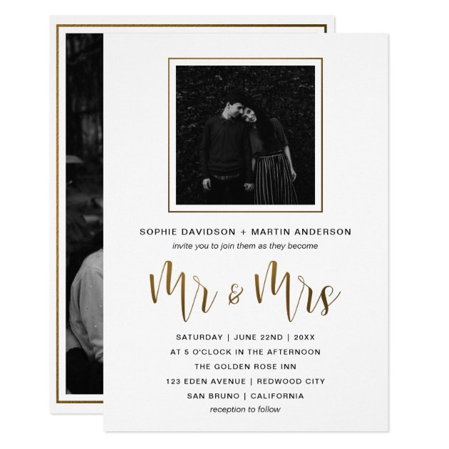 Gold & Black Typography Wedding Mr & Mrs Photo Card