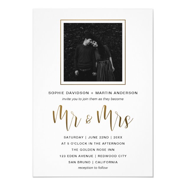 Gold & Black Typography Wedding Mr & Mrs Photo Card