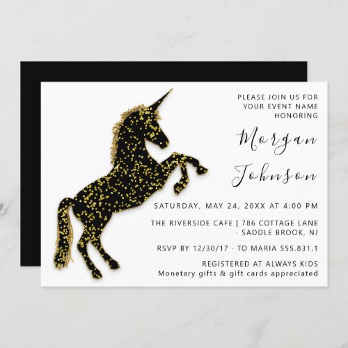 Gold Black Unicorn Horse White Birthday Party Invitation