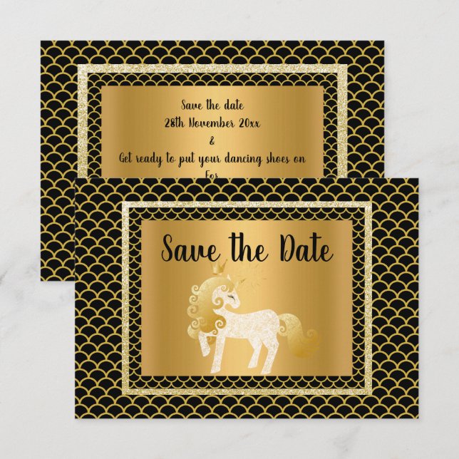 Gold Black Unicorn Mermaid Party Save the Date Invitation (Front/Back)