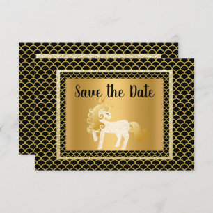 Gold Black Unicorn Mermaid Party Save the Date Invitation