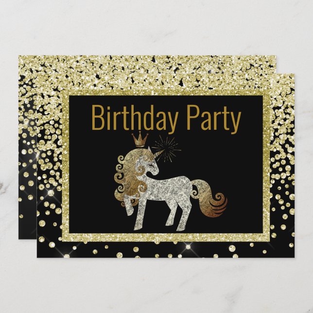 Gold Black Unicorn Sparkle Birthday Invitation (Front/Back)