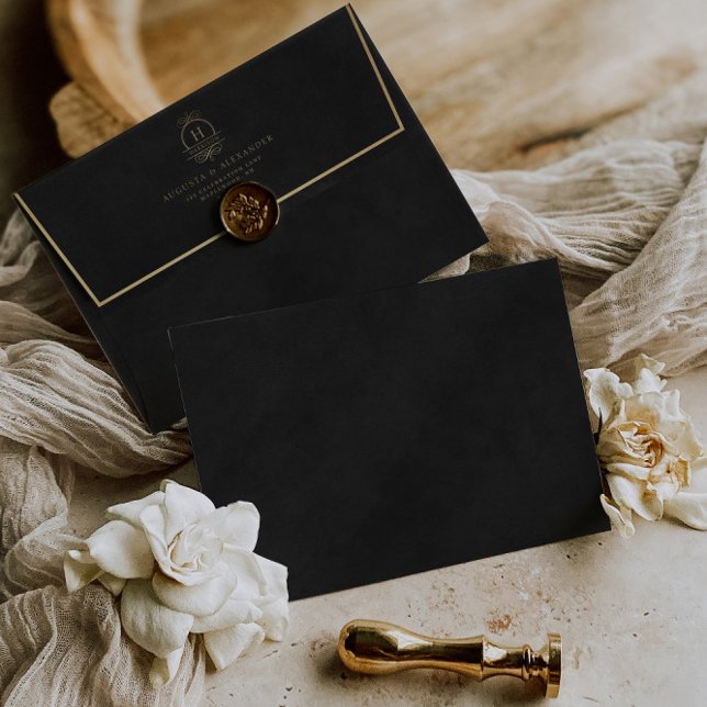 Gold & Black Velvet Print (Not Real) Envelope (Elegant Gold & Black Velvet Texture Wedding Envelope)