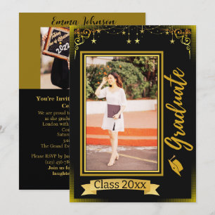  Gold & Black Vertical Frame 2 Photo Graduation  Invitation