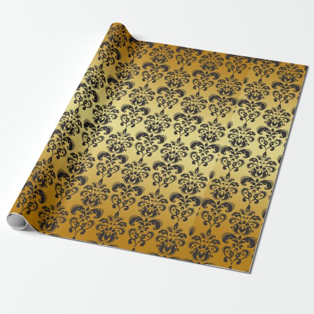 Gold Black Vintage Damask Pattern 2 Wrapping Paper (Unrolled)