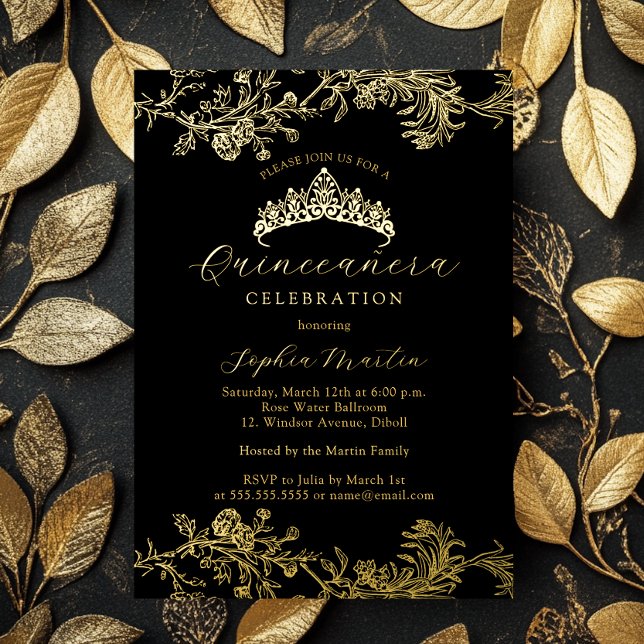 Gold Black Vintage Elegant Quinceanera  Foil Invitation (Creator Uploaded)