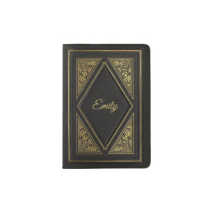 Gold Black Vintage Leather Look Personalized Passport Holder
